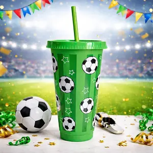Cute Soccer Ball Water Bottle For World Cup 24 oz Coffee Juice Plastic Cup With Straw Lid Portable Drinking Bottle BPA Free For Party Home School