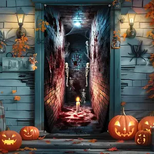 Halloween Horror Themed Door Decoration Banner, Trick or Treat Halloween Door Frame Background, Fabric Horror Skeleton Corridor Hanging Door Halloween Banner Decoration Front Porch Outdoor Wall Halloween Party 180x90cm