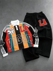2-Piece Men's Graphic Striped Polo Shirt and Sweatpants Set, "VIGOR LA 1987" Retro Casual Streetwear for Teens and Young Adults
