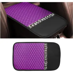 Bling Leather Car Center Console Cover, Car Center Console Protector With Glossy Crystal Rhinestone, Universal Waterproof Car Armrest Seat Box Cover For Most Car, Vehicles, SUVs, Trucks (Purple)