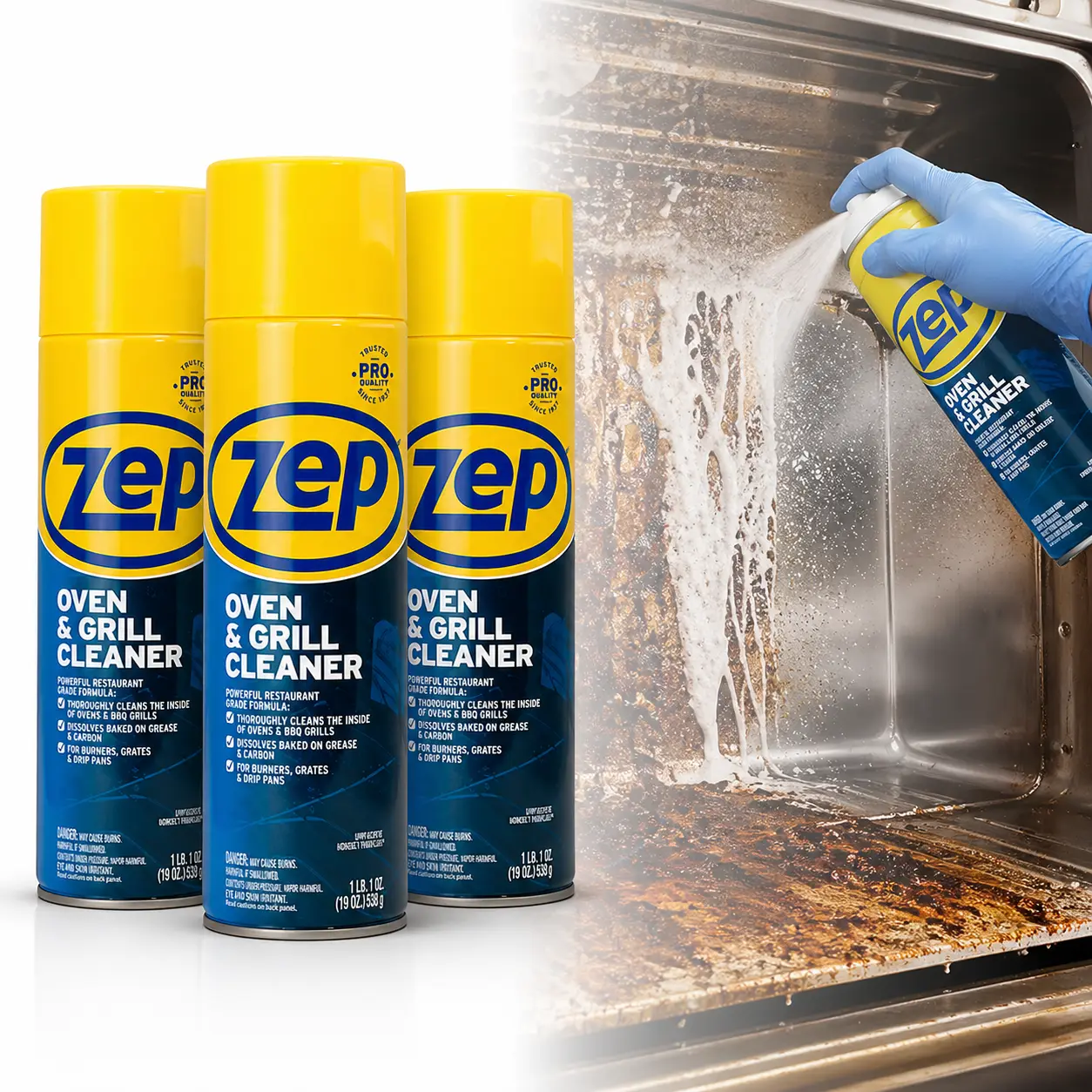 ZEP 19 oz. Heavy-Duty Foaming Oven and Grill Cleaner - No-Scrub Degreaser, Vertical Surface Cling, Industrial Strength for Stainless Steel Oven Interior, Grill Grates, Porcelain Cookware