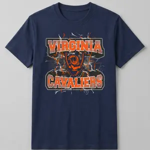 [MADE IN US] Virginia Cavaliers T Shirt, Cracked Effect Logo Design, Soft Navy Blue Cotton Tee, Perfect Gift For University Fans And Sports Enthusiasts