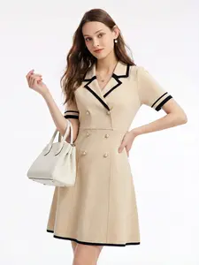 Tencel Blend Contrast Trim Women Lapel Knit Mini Dress