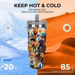 1pc 30oz Portable Car Cup, Flasks with Lionel Messi Career Collage Pattern, Large Capacity Sports Tumbler, A Holiday Gift for Fitness Enthusiasts, Athletes, Daughters, Dads. Includes Lid, Straw, and Double-walled Insulation, Drinkware