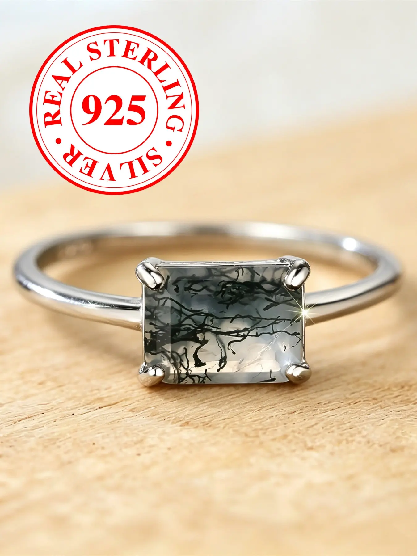 S925 Sterling Silver Rings Square Seaweed Agate Rings Earrings for women & girls, Fashion Rings, minimalist style, anniversary and Valentine's Day gift Engagement Promise Ring, Engagement Ring（with Box）