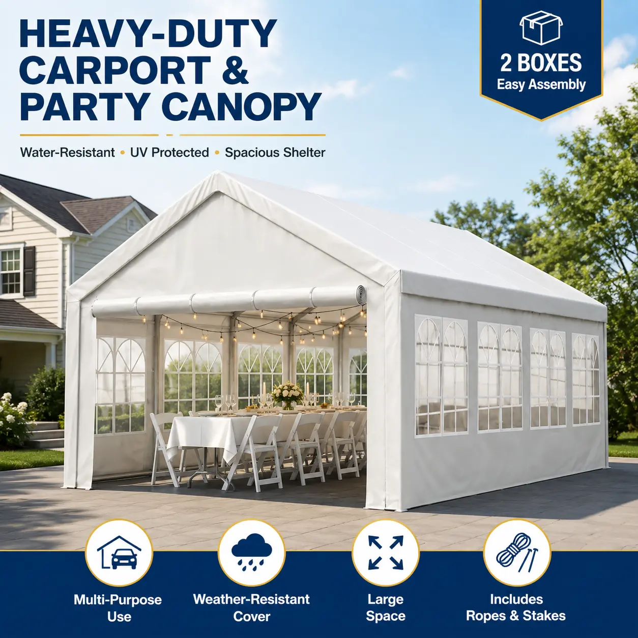 12x26FT Rectangular Heavy Duty Steel Frame Carport Canopy - Protective, Sun, Sunshade Polyester Canopy, Waterproof, UV Resistant, Easy Set-Up Portable Garage for Truck/SUV, Backyard Event with Ground Stakes & Ropes, Protective Canopy, Sun Canopy