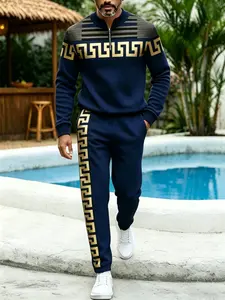 Men’s 2026 Fall/Winter new athletic set featuring 3D digital geometric print—basic everyday versatile half-zip pullover top and long sweatpants
