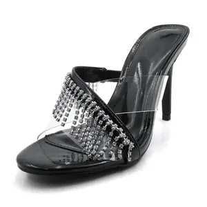 Clear Stiletto Heels for Women | Rhinestone Tassel Transparent Strap Open Toe Mules Elegant Dressy Shoes for Wedding & Party