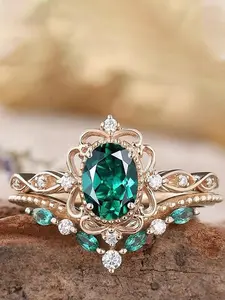 Trendy Emerald Zircon Ring, Sweet European Style Alloy Band, Zircon Wedding Rings, Rose Matching Set, Perfect for Thick Fingers
