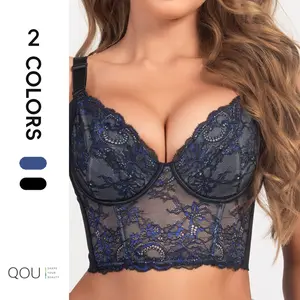 QOU Sexy Lace Bra, Push Up Bra, Plus Size Deep V Neck Bustier Corset Top for Women, summer outfits, Blue Undergarment Shaping Lacy Fashion Shapewear, Bottom Comfortable minimizer bra, Basic Womenswear, Underwire Minimalist bras plus size bra pack