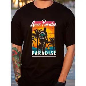 Men's Tropical Paradise T-Shirt - Heavyweight 100% Cotton Tee with Palm Trees, Sunset & Motorcycle Rider Design - Black Shirt for Beach Vacation, Casual Casual Attire - Machine Washable All-Season Top, Beach T Shirt, Summer Apparel, Retro Style Shirt,