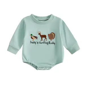 Newborn Baby Boy Girl Summer Clothes Daddys Hunting Buddy Fall Sweatshirt Romper Infant Animal Embroidery Long Sleeve Bubble Jumpsuit