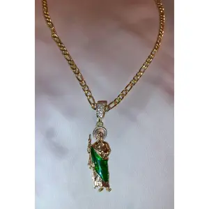 Gold Plated San Judas Tadeo Necklace green | St. Jude Religious Jewelry