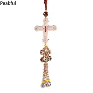 Christian Cross Jade Car Mirror Hanging Decor, Popular Spiritual Protection Tassel Ornament, Beaded Jade Cross Pendant, vibrant multi-color tassel & durable construction, great for personalizing your car interior and bringing peace of mind