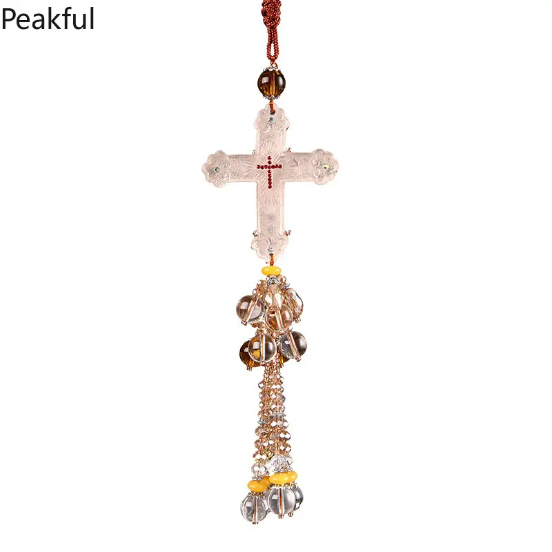 Christian Cross Jade Car Mirror Hanging Decor, Popular Spiritual Protection Tassel Ornament, Beaded Jade Cross Pendant, vibrant multi-color tassel & durable construction, great for personalizing your car interior and bringing peace of mind
