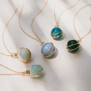 Natural Crystal Gemstone Planet Pendant Necklace, Gold Plated Wire Wrapped Bead Necklace for Women, Dainty Healing Crystal Jewelry for Daily Wear Gift