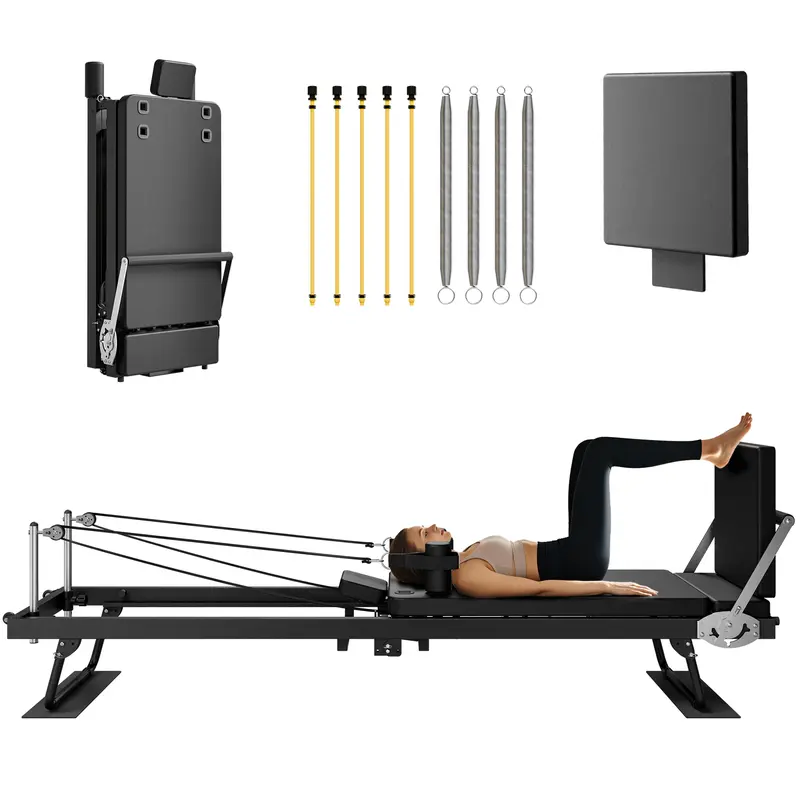 Portable Multifunction Pilates Reformer Machine - Flexible Foldable Home Workout Gear for Adults, Adjustable Armrests, 22 lb Anti-Slip Springs, 400 lbs Weight Capacity, 1.8 ft Height, Efficient Support for Beginners