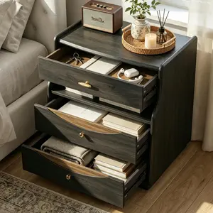 Gyfimoie Oversized Nightstands with Charging Station, 24" Wide Farmhouse Night Stand with 3 Drawers & Open Shelf for Bedroom, Extra Large End Table with Golden Handle, Arc Design for Bedroom