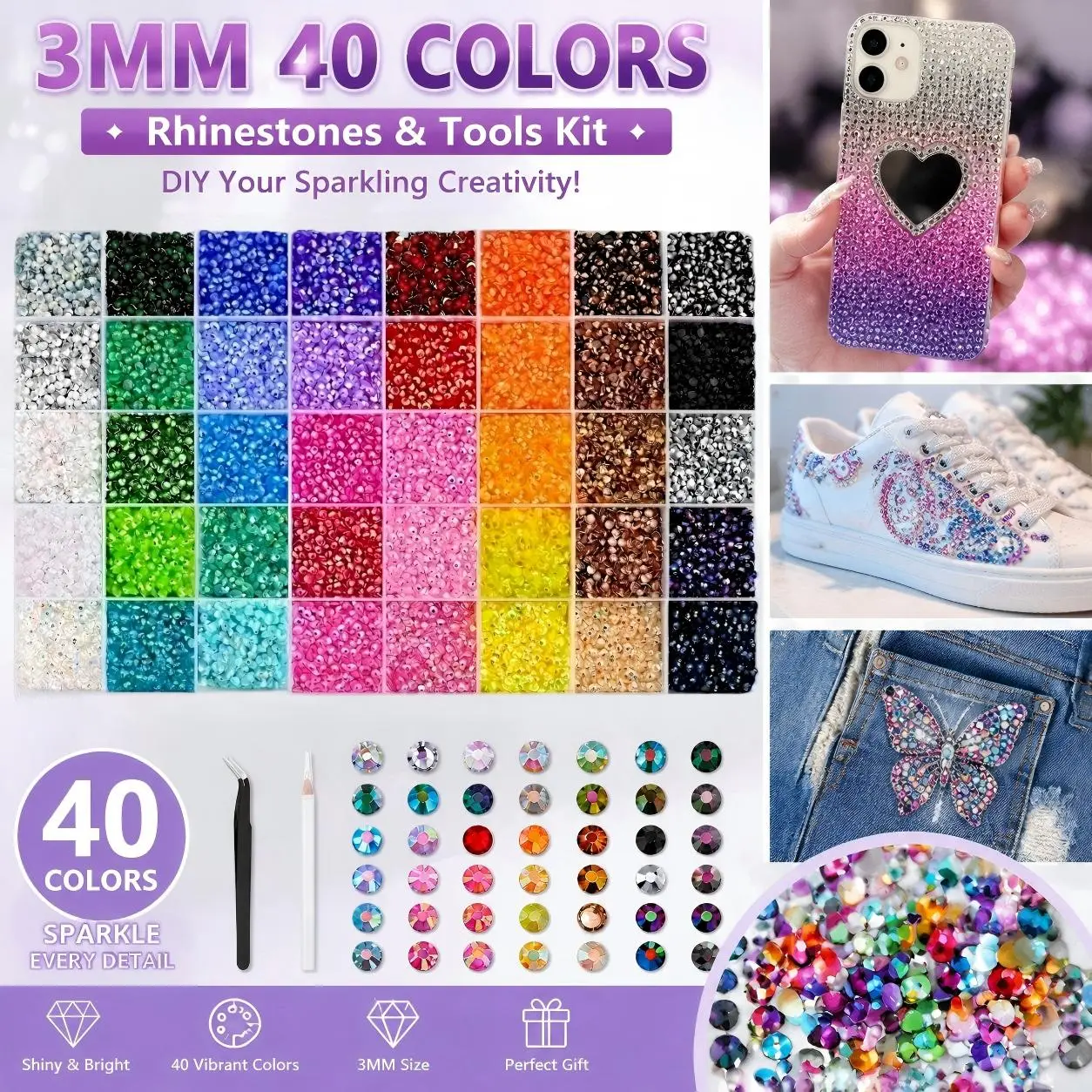 Resin Jelly Rhinestones for Bedazzling, 3mm Multicolor Flatback Rhinestones, Bedazzling Kit with  Tools, Bedazzler Kit for Crafting Book Clothes Makeup Shoes