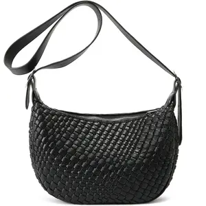 Queenoris Woven Small Crescent Bags for Women, Vegan Leather Shoulder Bag Trendy Crossbody Purses with Adjustable Strap