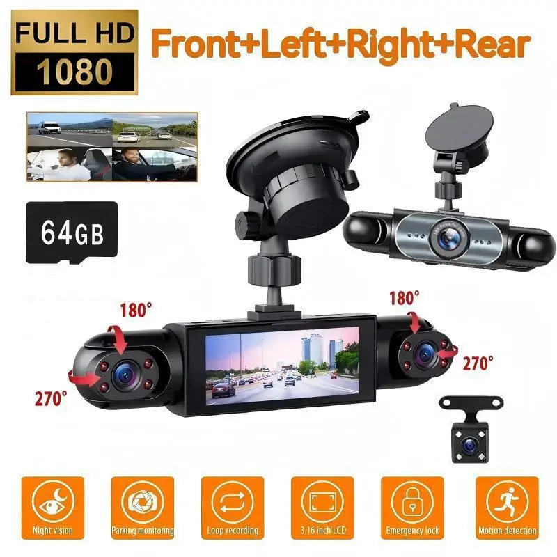 4 Channel Car Dash Cam 1080P Car DVR 64GB Memory Card Car Video Night Vision