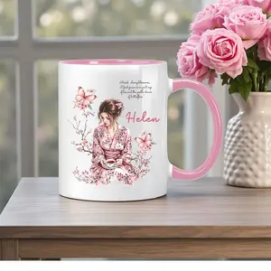 2026  Custom 1pc, a Personalized Ceramic Mug Featuring a Lady in a Pink Cherry Blossom Kimono Holding a Tea Cup, Surrounded by Cherry Blossoms And Pink Butterfly Patterns.Suitable for Cold And Hot Drinks, This Coffee Cup Is Perfect for The Office