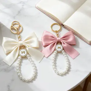 Luxury Bow Pearl Keychain for Women, Elegant Flower Bowknot Bag Charm & Car Keyring with Wrist Strap, Fashion Keychain Accessories