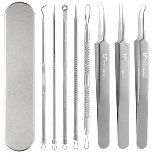 Blackhead Remover Comedone Extractor Tool, Face Black Head Needle & Curved Tip Acne Tweezers Kit with Metal Box, Facial Stainless Pimple Removal Tools Kit for Nose, Silver 8Pcs