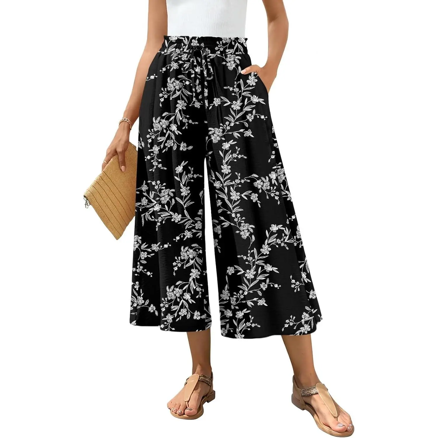 Womens Capri Palazzo Pants Dressy Casual Wide Leg Pant Gaucho Capris with Pockets