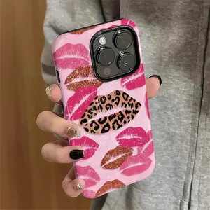 Pink phone case with leopard and lip print patterns, 2-in-1 drop-resistant design, compatible with iPhone 11, 12, 13, 14, 15, 16, 17 Pro Max & Samsung Galaxy S25 Ultra, S24 Plus, S23 FE, S22, S21, with a glossy finish.MFL34