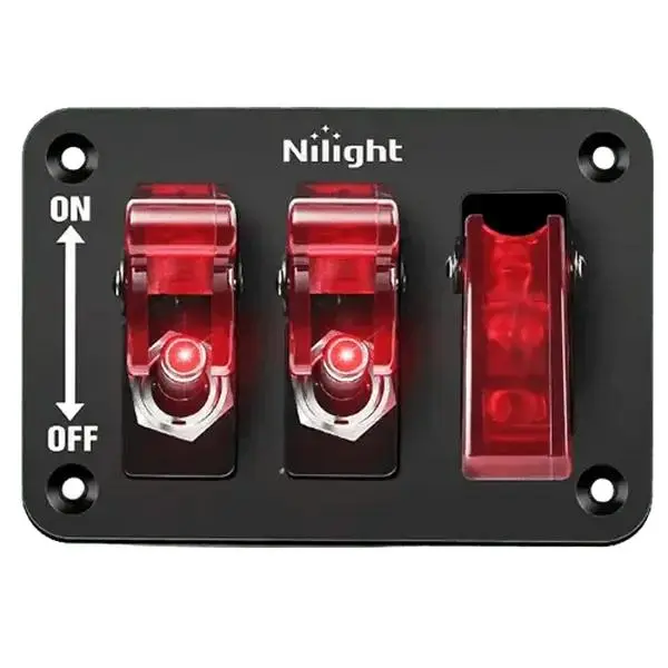 Nilight 3-Gang 3-Terminal Pin SPST 12V 20A Plastic Red LED On/Off Push Button Switch Panel with Safety Cover, Mounting Screws, -25°C~80°C Rating for Trucks, Cars, LED Lights Installation