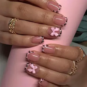 Pink French Tip Press on Nails Short Square Leopard Fake Nails with Bow Charms Design Cheetah Glossy Glue on Nails Spring Nails Press ons Reable Summer False Nails for Women 24 Pcs