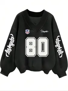 New Elegant Women's V-Neck Sweatshirt, Comfortable Warm Fabric with 08vs80 Number Print, Casual Loose-Fitting Fall & Winter Wear