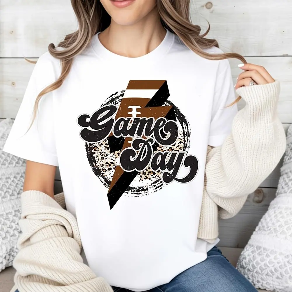 Game Day Leopard Print Lightning Bolt Graphic T-Shirt, Football Season Game Day Outfit, Casual Sports Fan Apparel For Stadium Party