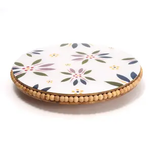 Temp-tations Old World Beaded Acacia Lazy Susan w/ Decal Print