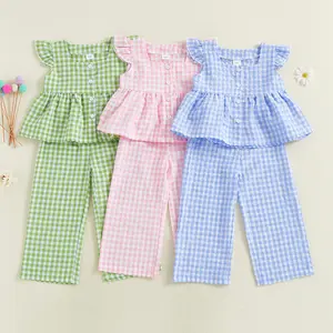 Toddler Kids Baby Girl Plaid Outfits Summer Fly Sleeve Ruffle Button Tops Long Pants Two Piece Gingham Clothes Set