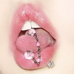 1pc stainless steel acrylic beads chain tongue studs, pierced tongue studs lip studs ear drum studs chain removable oil dripping beads acrylic clouded cat eye spice girls sweet cool ins punk cute for men Women's