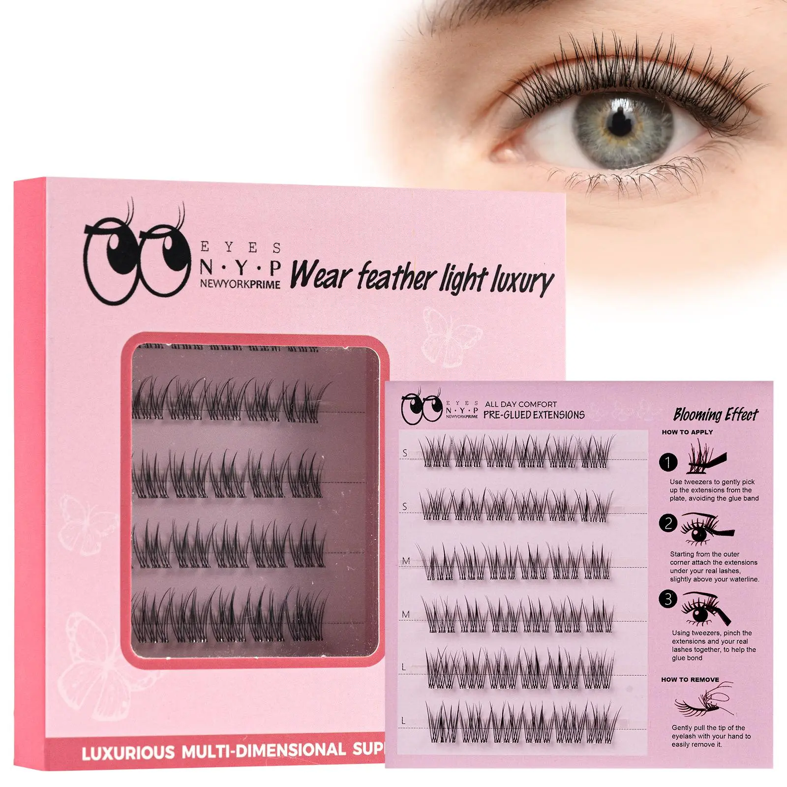 Pre Glued Cluster Lashes Seamless Natural DIY Eyelash Extensions Self Adhesive Feather Light Fake Lashes Blooming Effect Wispy Individual Lashes