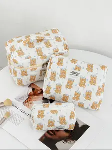 Cute Bear Pattern Makeup Bag, 1 Set/ Portable Cosmetic Storage Bag, Versatile Makeup Organizer Pouch for Travel & Daily Use