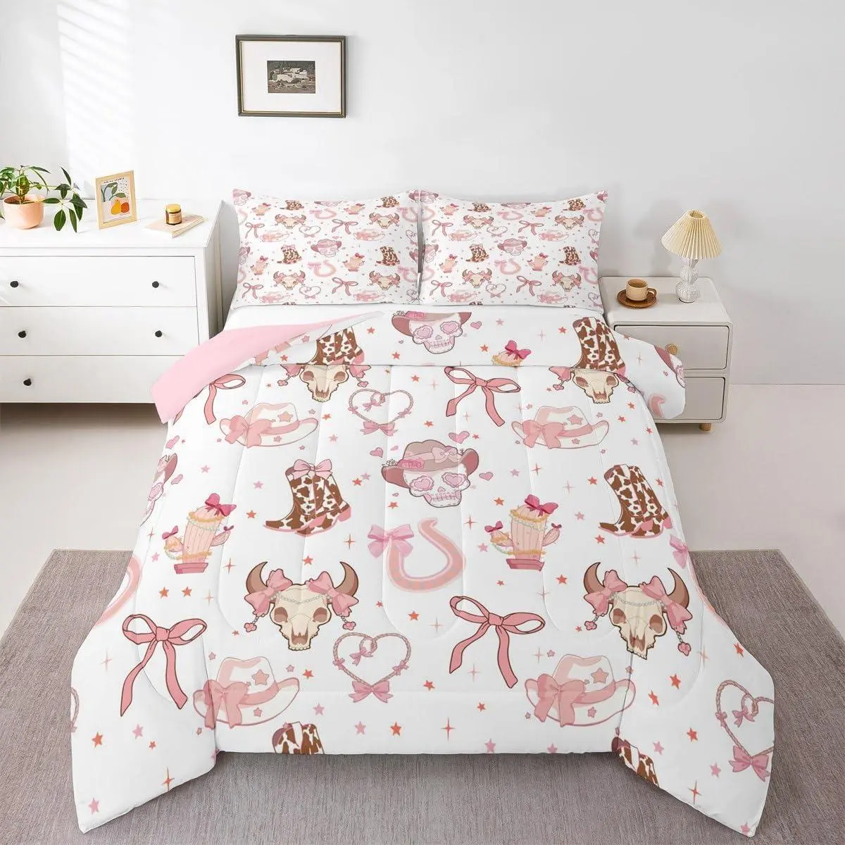 Feelyou Twin/Full/Queen Size Western Cowgirl Bed in a Bag Set - Cute Pink Bow Knot, Cactus & Bull Skull, Horseshoe Cowboy Motifs, Girls' Bedroom Decor, Kids' Birthday Gift, Western Home Decor, All Over Print Duvets & Sets, Multi-Size, Decorative Bed Cover