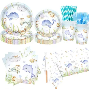 144Pcs Under The Sea Party Supplies Set, Ocean Animal Disposable Tableware For Kids Birthday Baby Shower