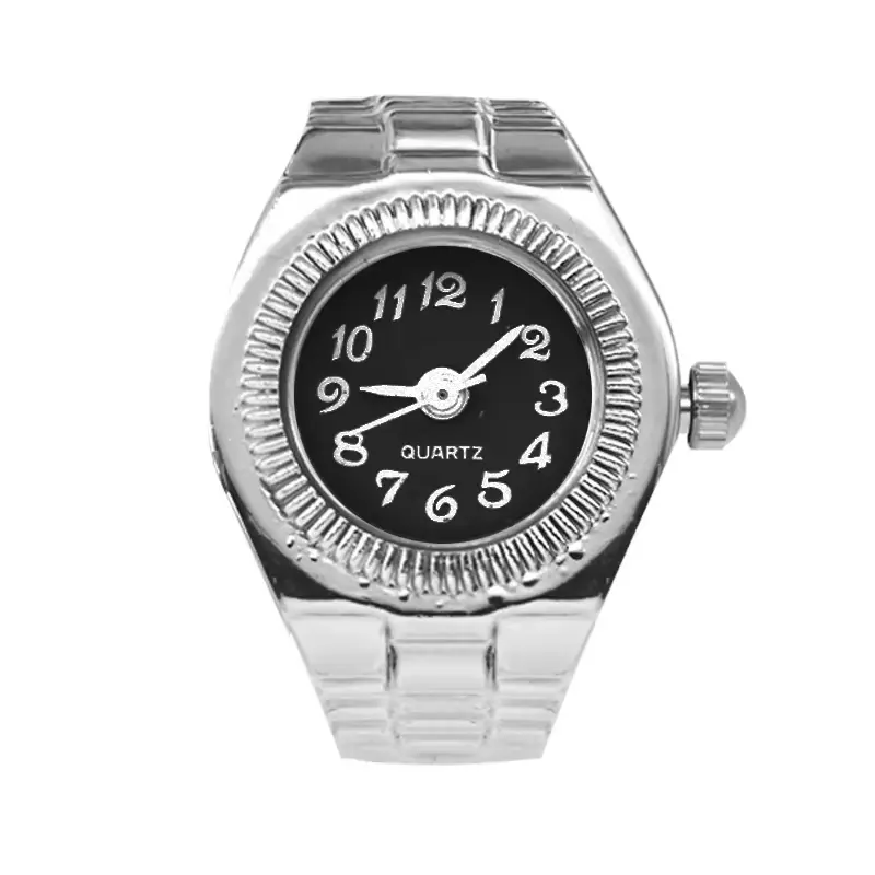 Silver-Tone Alloy Mini Quartz Ring Watch with Black Analog Dial, Retro Finger Watch for Women and Men