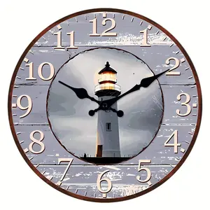 A Creative Wooden Lighthouse Wall Clock with a Compass Design, Measuring 10 Inches. It Runs on Batteries, Operates Quietly Without Ticking, And Is Suitable for Beach, Living Room, Bedroom, Kitchen, And Aesthetic Room Wall Decor. It Makes a Great