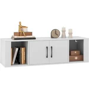 Wall Mounted Storage Cabinet 2 Cube Floating Media Hanging Desk W/2 Doors and 2 Open Shelves, Home Office Furniture for Kitchen, Bathroom, Living Room Floating Console Hutch (White)