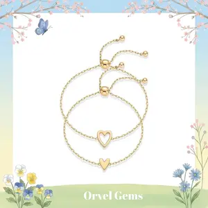 18K Gold Plated Adjustable Matching Bracelets for Couples & BFFs — Solid & Hollow Heart Bracelet Set | Stackable Gift Jewelry