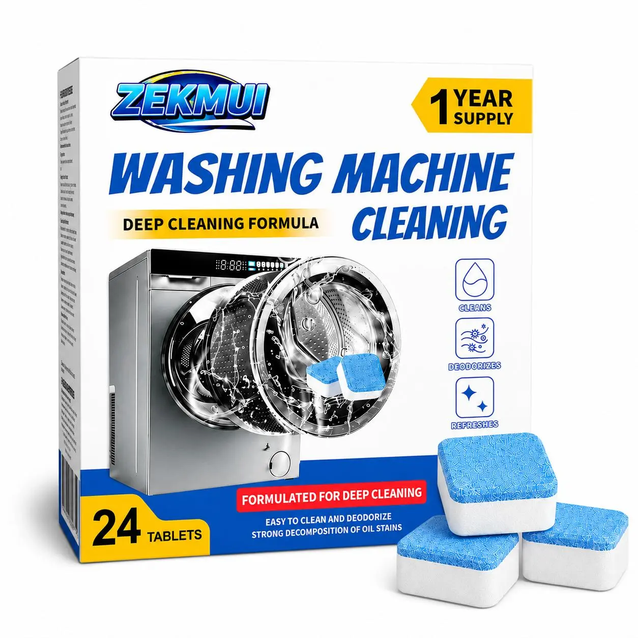 ZEKMUI Washing Machine Cleaner Tablets, 24 Count, Washer Drum & Tub Cleaner for HE, Front Load and Top Load Washing Machines, Up to 12-Month Supply