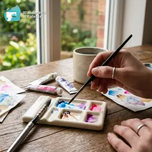 Ceramic Watercolor Palette with Integrated Brush Rest - 4 Well Porcelain Mixing Tray - Minimalist Artist Gift for Studio