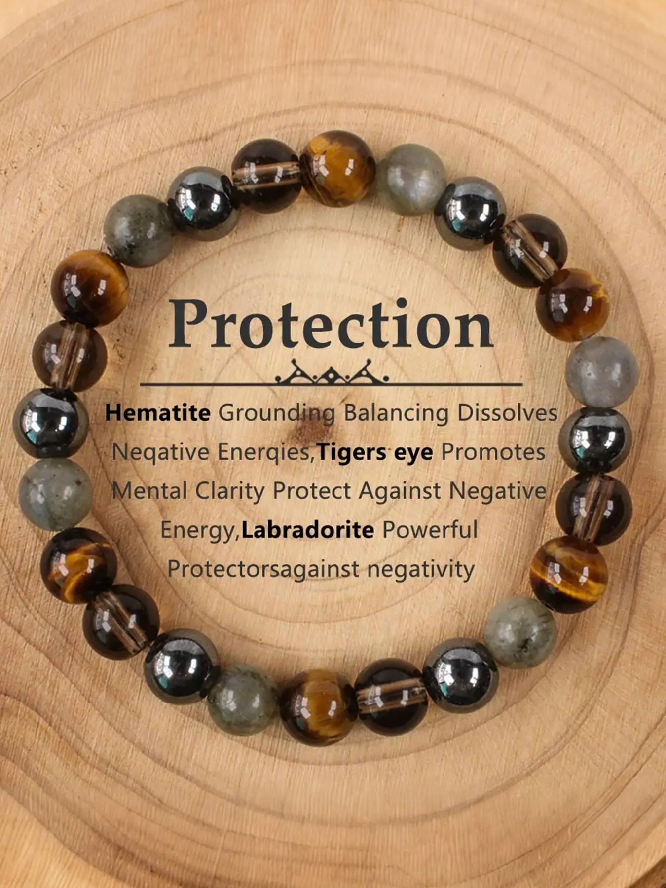 8mm Black Onyx & Hematite & Tiger's Eye & Labradorite Protection Bracelet, Grounding Stone for Mental Clarity, Dissolve Negative Energy