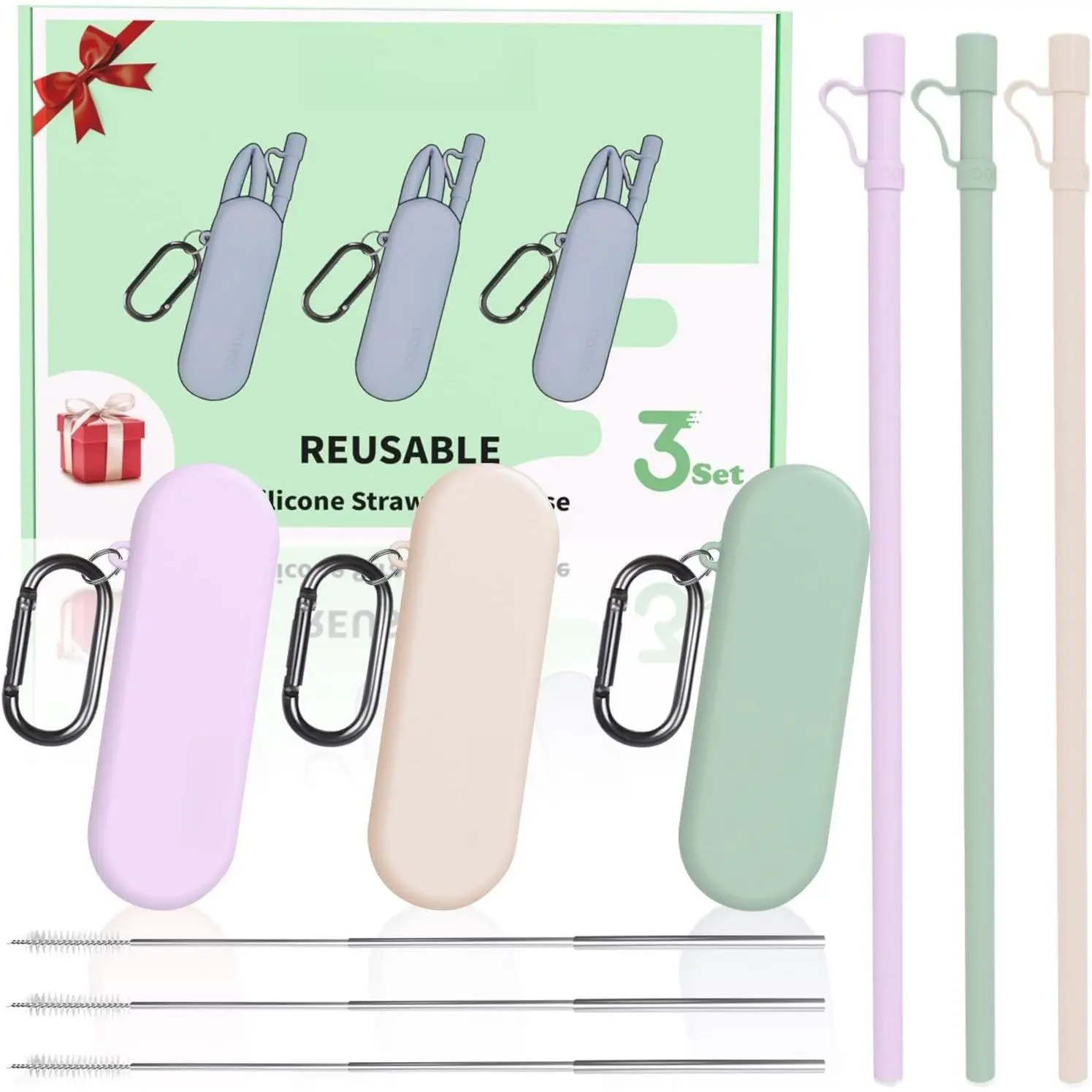 Reusable Straws with Case,12 inch Long Silicone Reusable Straws with Case, Portable Straw Foldable Drinking Travel Straw, Compatible with   40 oz 30 oz Cup Tumbler 3 Set