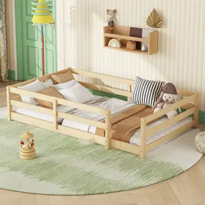 【Bellemave】Twin/Full Size Floor Bed, Montessori Floor Bed with Fence, Kids Montessori Bed Twin Size, Wood Montessori Floor Bed for Kids, Girls, Boys (NATURAL)